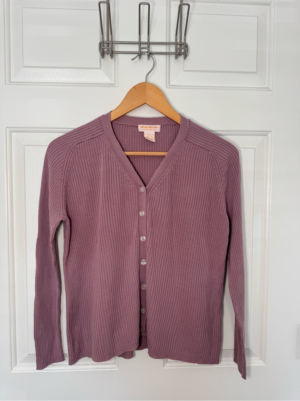 Brooks Brothers 100% Silk Ribbed Cardigan Women L Mauve Purple V Neck Button